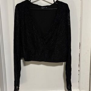 SHEIN Black Shimmer V-Neck Crop Top